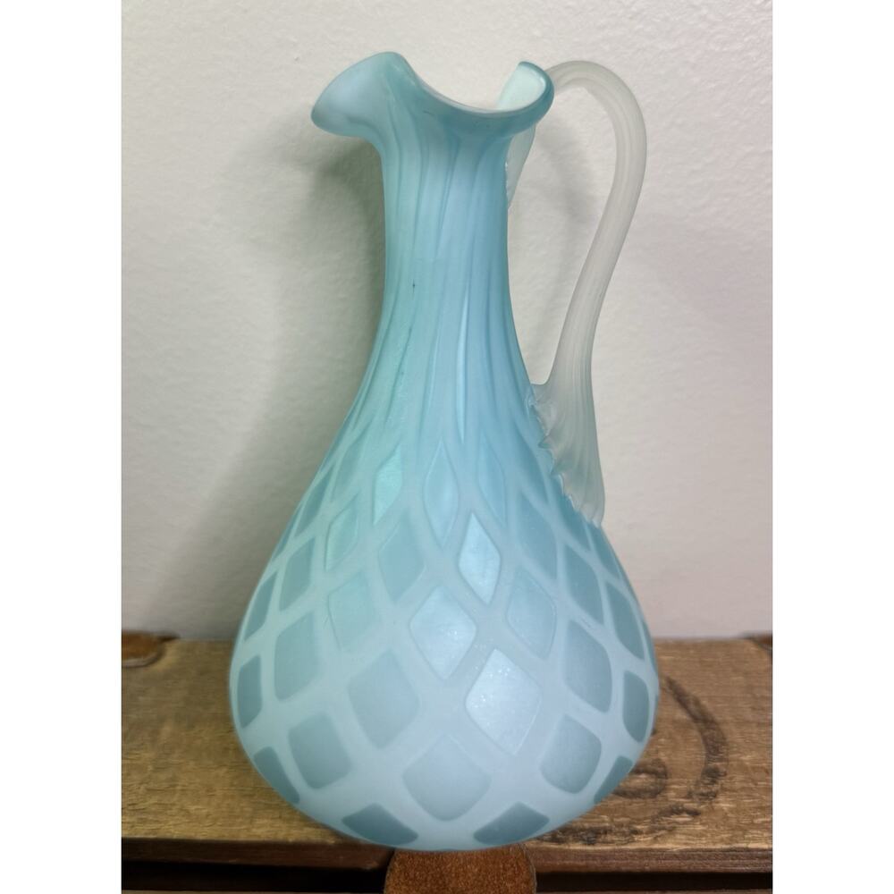 Vintage Murano Venetian Blue White Cased Satin Glass Diamond Quit Cruet Labeled